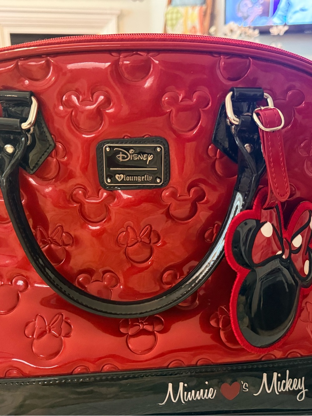 Loungefly Red Patent Minnie Mouse Embossed Satchel with Black Trim and Bow Charm